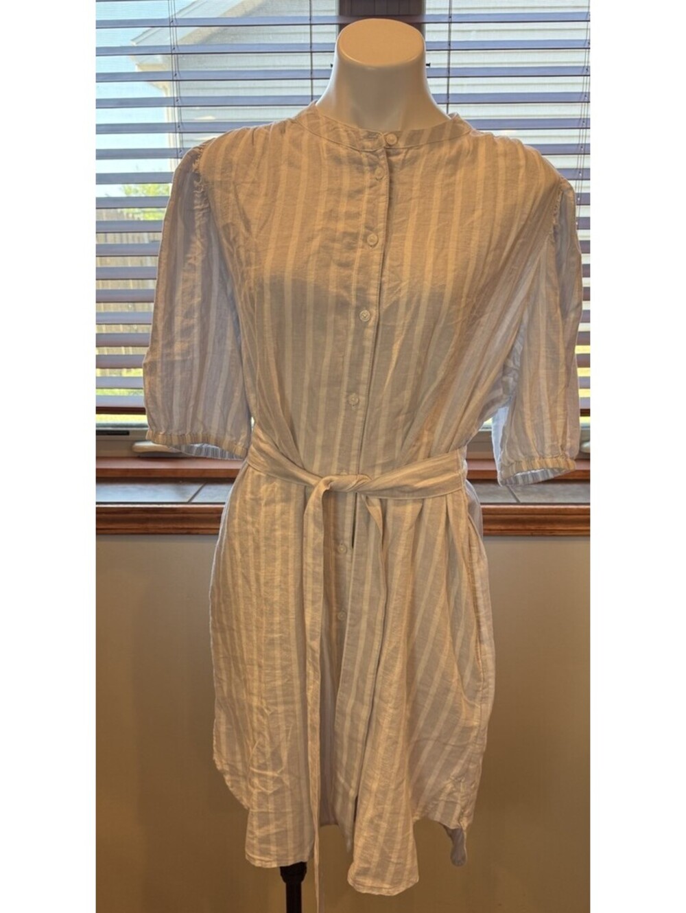 NWT Gap Womens Striped Button-Down Linen Cotton Belted Dress XL Blue White